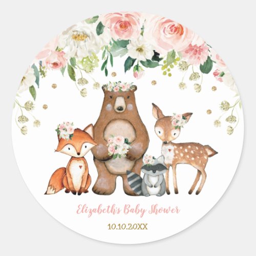 Girly Woodland Forest Animals Baby Shower Birthday Classic Round Sticker