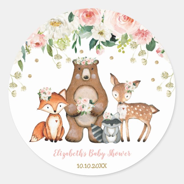 Girly Woodland Forest Animals Baby Shower Birthday Classic Round Sticker (Front)