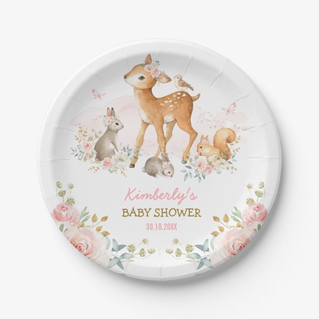 Girly Woodland Forest Animals Deer Bunny Squirrel Paper Plates (Front)