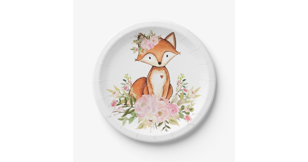 Girly Woodland Fox Pink Floral Forest Baby Shower Paper Plate