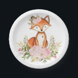 Girly Woodland Fox Pink Floral Forest Baby Shower Paper Plates<br><div class="desc">Feminine woodland themed disposable party plate featuring pastel pink & blush watercolor peonies and a cute baby fox</div>
