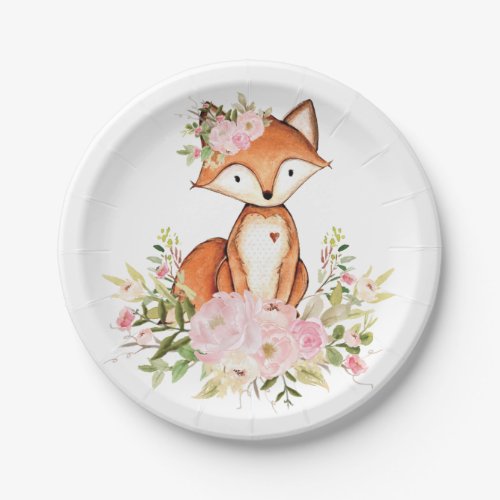 Girly Woodland Fox Pink Floral Forest Baby Shower Paper Plates