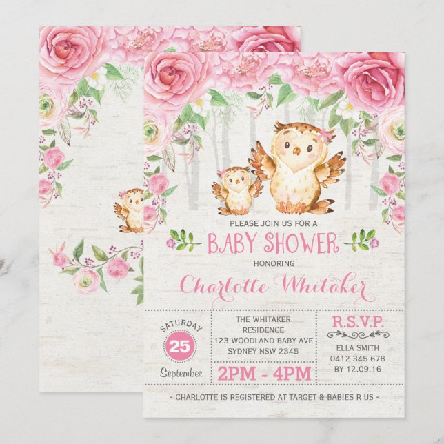 Girly Woodland Owl Pink Floral Baby Shower Invite (Front/Back)