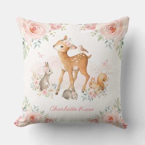 Girly Woodland Pink Floral Deer Bunny Nursery Throw Pillow