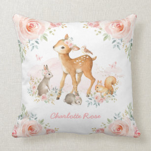 Girly Woodland Pink Floral Deer Bunny Nursery Throw Pillow