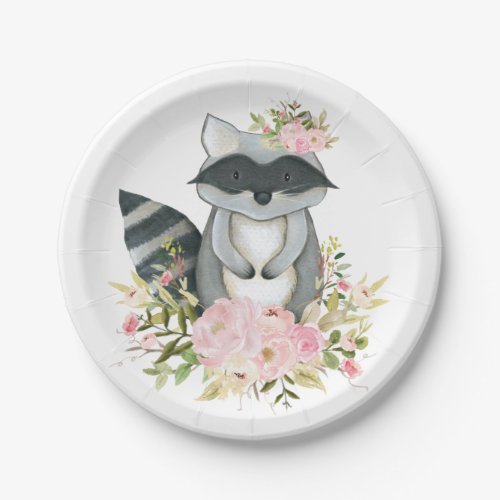 Girly Woodland Raccoon Pink Floral Forest Shower Paper Plates