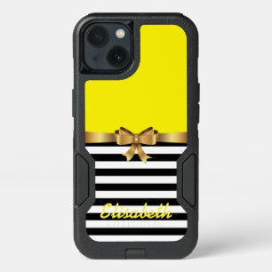 GIRLY YELLOW black WHITE STRIPE GOLD BOW monogram iPhone 13 Case