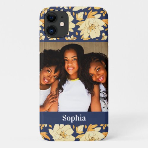 Girly Yellow Blue Watercolor Floral Photo Name iPhone 11 Case