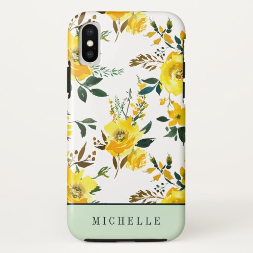 Girly Yellow flowers and greenery monogram iPhone XS Case