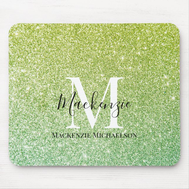 Girly Yellow Green Ombre Glitter Monogram Name   Mouse Pad (Front)