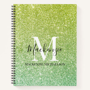 Girly Yellow Green Ombre Glitter Monogram Name Notebook