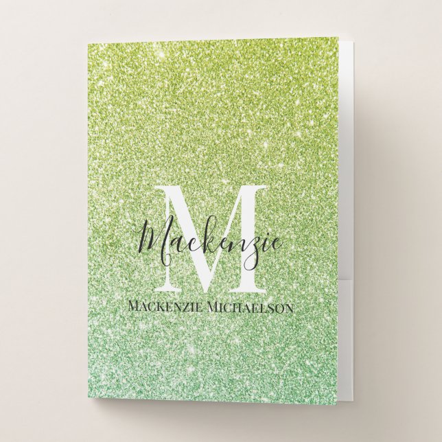 Girly Yellow Green Ombre Glitter Monogram Name  Pocket Folder (Front)