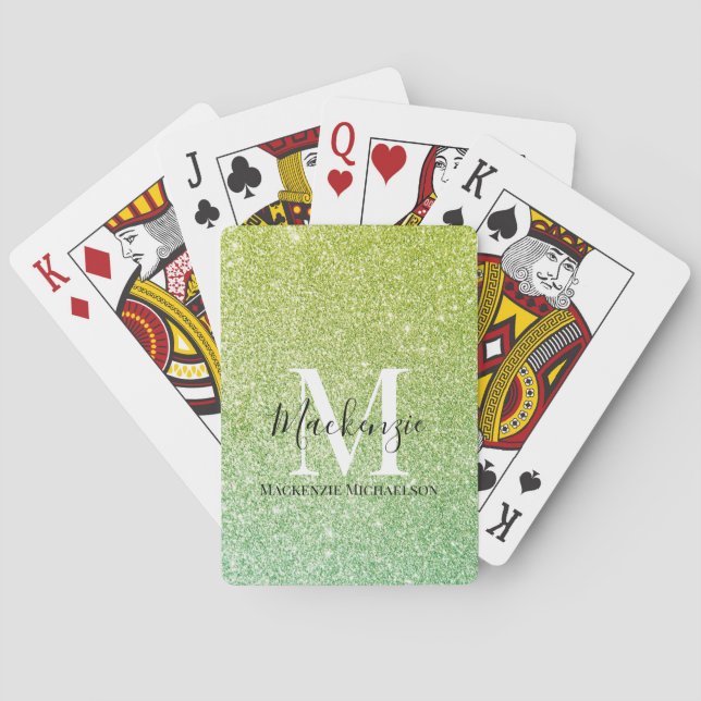 Girly Yellow Green Ombre Glitter Monogram Name  Poker Cards (Back)