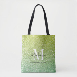 Girly Yellow Green Ombre Glitter Monogram Name Tote Bag
