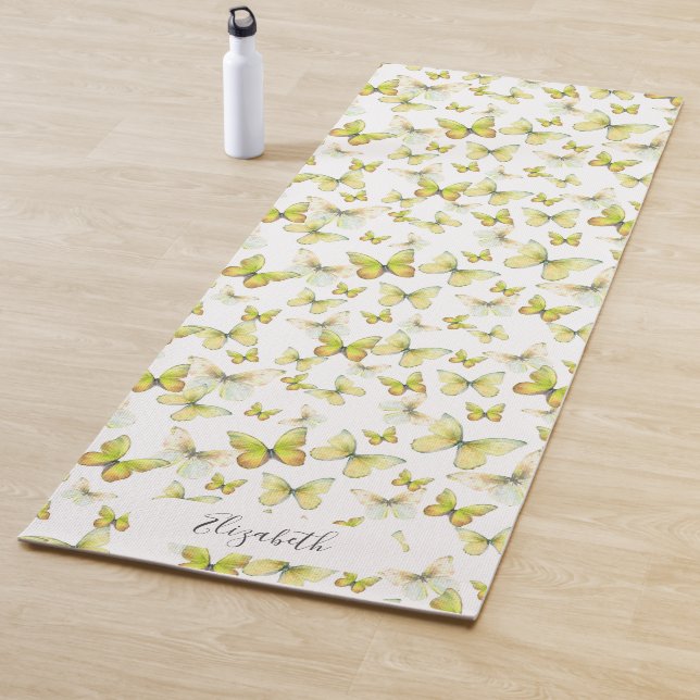 Girly Yellow Pastel Butterflies Customized Yoga Mat (In Situ)
