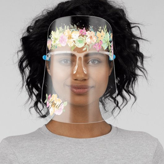 Girly Yellow Pink Spring Flowers Glitter Name Face Shield (Insitu)