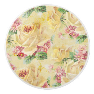 Girly Yellow Roses and Pink Daisies Ceramic Knob