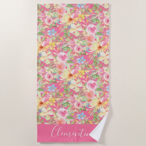 Girly Yellow Sunflower and Pink Rose Floral Beach Towel