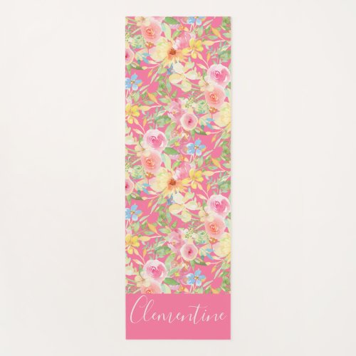 Girly Yellow Sunflower and Pink Rose Floral Yoga Mat