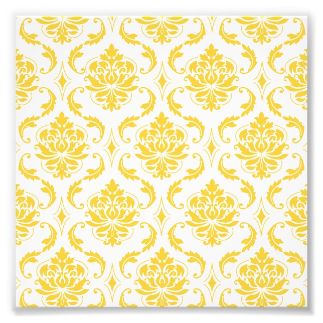 Girly Yellow White Vintage Damask Pattern Photo Print (Front)