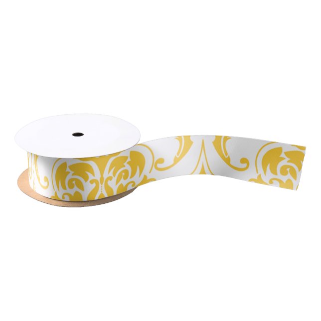 Girly Yellow White Vintage Damask Pattern Satin Ribbon (Spool)