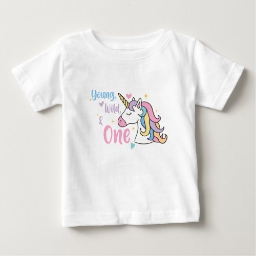 Girly Young Wild One Unicorn 1st Birthday Baby T_Shirt