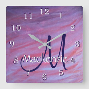 Girly Zebra Abstract Cute Pink Purple Monogram Square Wall Clock