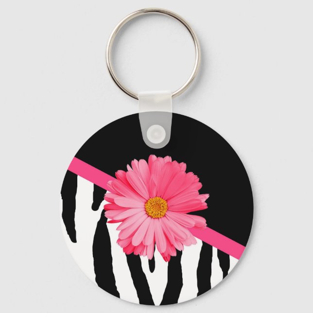 Girly Zebra Pattern Cute Pink Daisy With Name Keychain (Front)