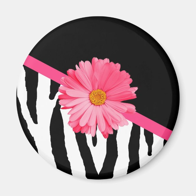Girly Zebra Pattern Cute Pink Daisy With Name Magnet (Front)