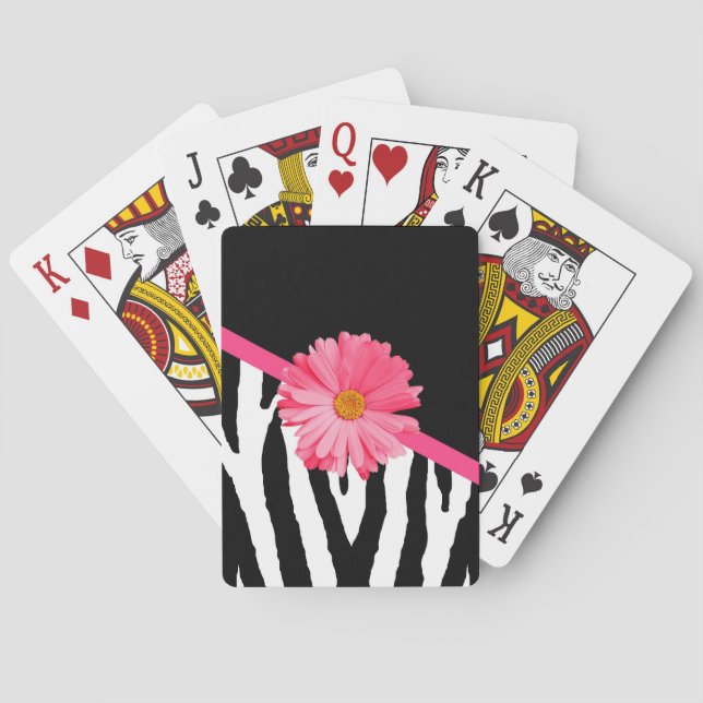 Girly Zebra Pattern Cute Pink Daisy With Name Poker Cards (Back)
