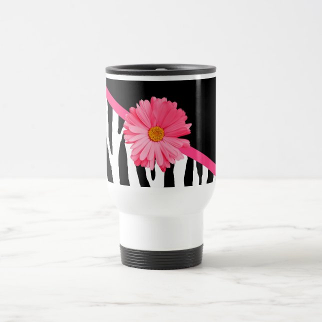 Girly Zebra Pattern Cute Pink Daisy With Name Travel Mug (Center)