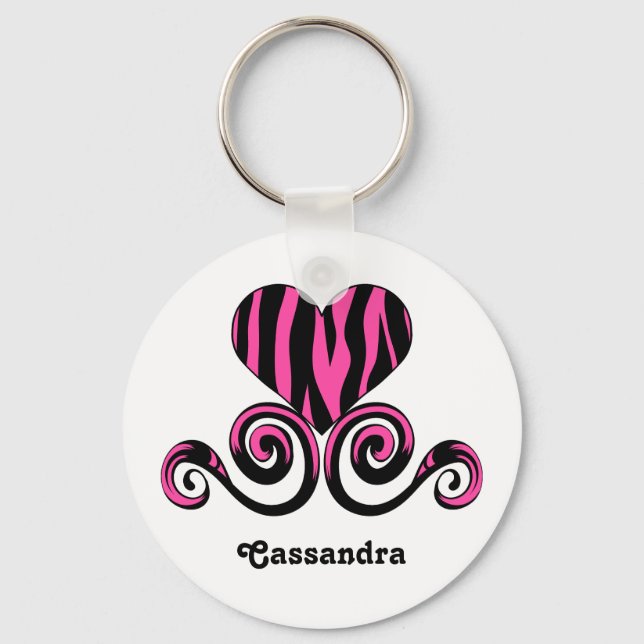Girly zebra pattern heart keychain (Front)