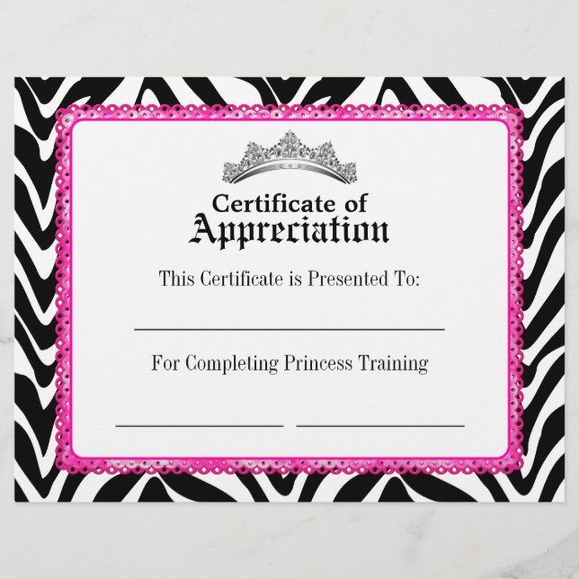 Girly Zebra Pink Lace and Tiara Certificate (Front)