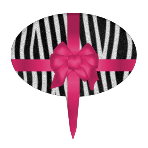 girly zebra skin black and white pink bow cake topper