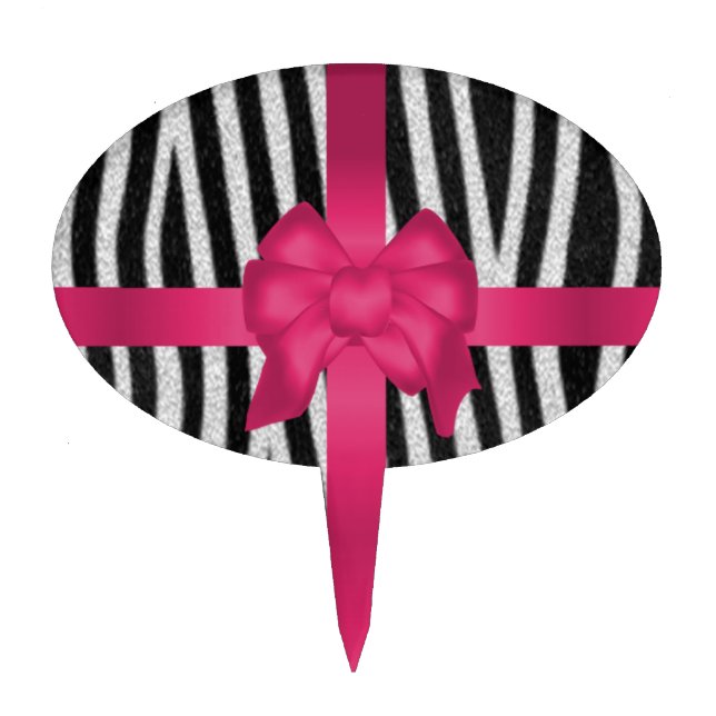 girly zebra skin black and white pink bow cake topper (Front)