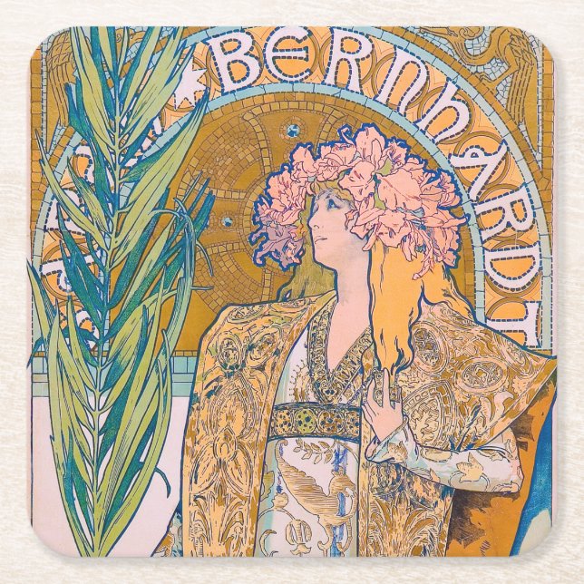 Gismonda, Sarah Bernhardt, Mucha Square Paper Coaster (Front)