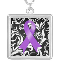 GIST Cancer Ribbon Deco Floral Noir Silver Plated Necklace