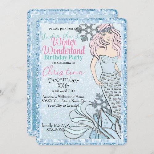Gitter Frozen Mermaid Princess Winter Theme Party Invitation