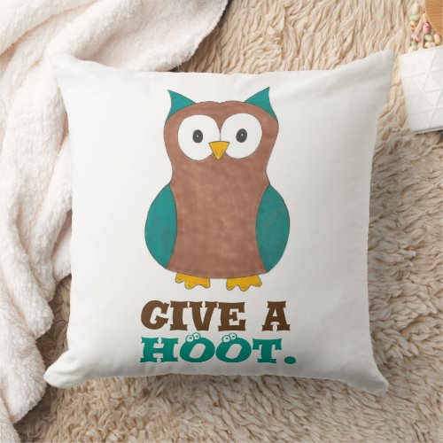 Give a HOOT Cartoon Owl Bird Eyes Owl Illustration Throw Pillow