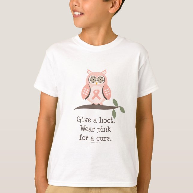 Give A Hoot Pink Ribbon Owl Kids T shirt (Front)