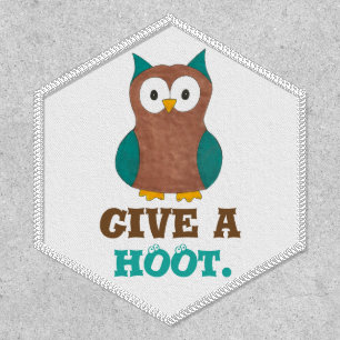 Give a HOOT Wish Brown Blue Cartoon Owl Bird Eyes Patch