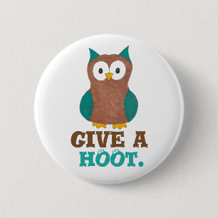 Give a HOOT Wish Brown Blue Cartoon Owl Bird Eyes Pinback Button