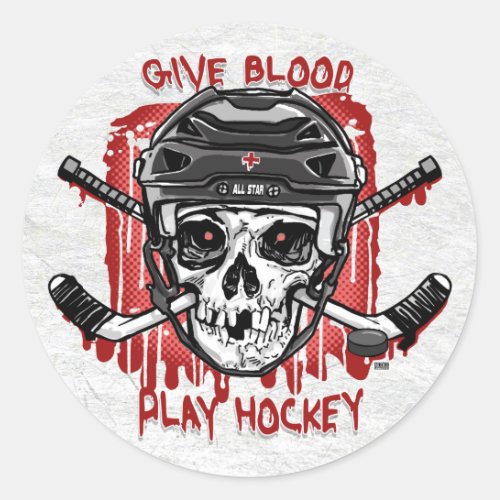 Give Blood Play Hockey Black Classic Round Sticker
