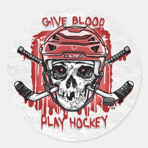 Give Blood Play Hockey Red Classic Round Sticker