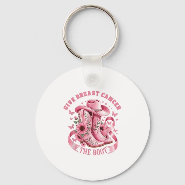 Give Breast Cancer The Boot Cowgirl Cancer Awarene Keychain (Front)