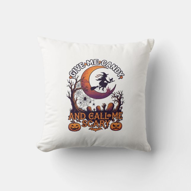 Give Me Candy Call Scary Witch Moon Pumpkins Throw Pillow (Front)
