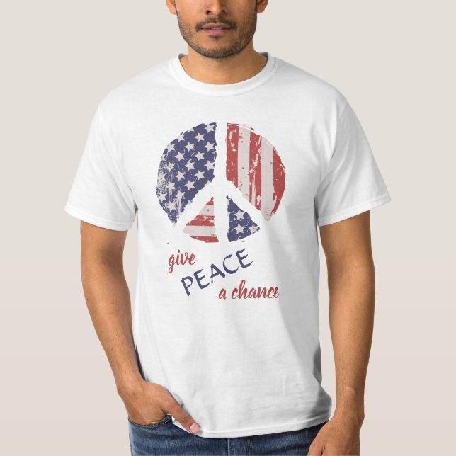 Give Peace A Chance - American Flag Peace Symbol  T-Shirt (Front)