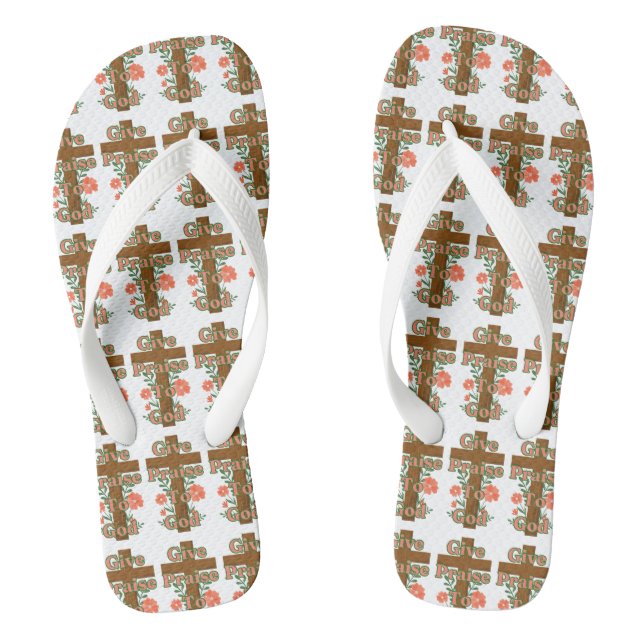 Give Praise To God Wooden Cross All-Over Flip Flops (Footbed)