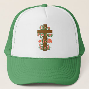 Give Praise To God Wooden Cross Trucker Hat