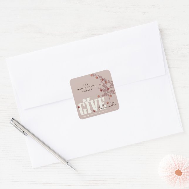 Give Thanks Autumn Fall Maple Leaves Thanksgiving Square Sticker (Envelope)